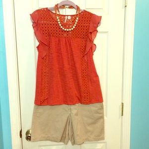 LC Lauren Conrad coral ruffled blouse